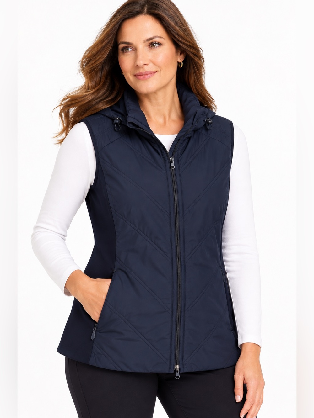 T by Talbots XL Navy Quilted Mixed Media Full Zip Active Vest